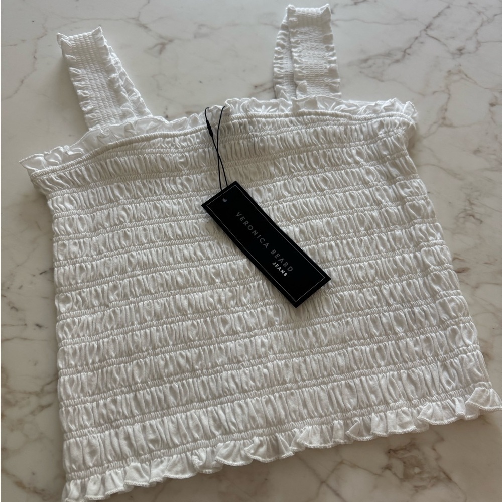 Super cute NWT Veronica Beard white smocked tank, size M.